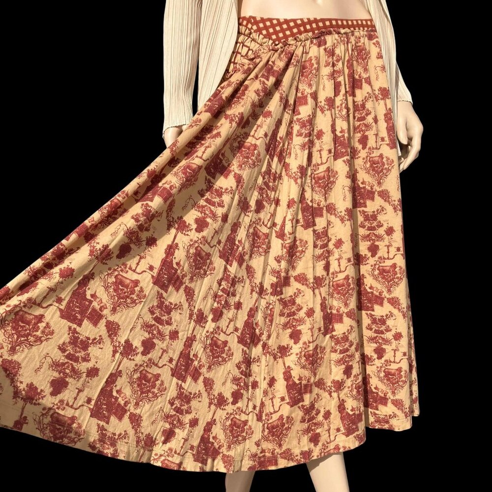 ISSEY MIYAKE Asymmetrical Toile de Jouy Cream Red Skirt Cotton Midi Size 2 M